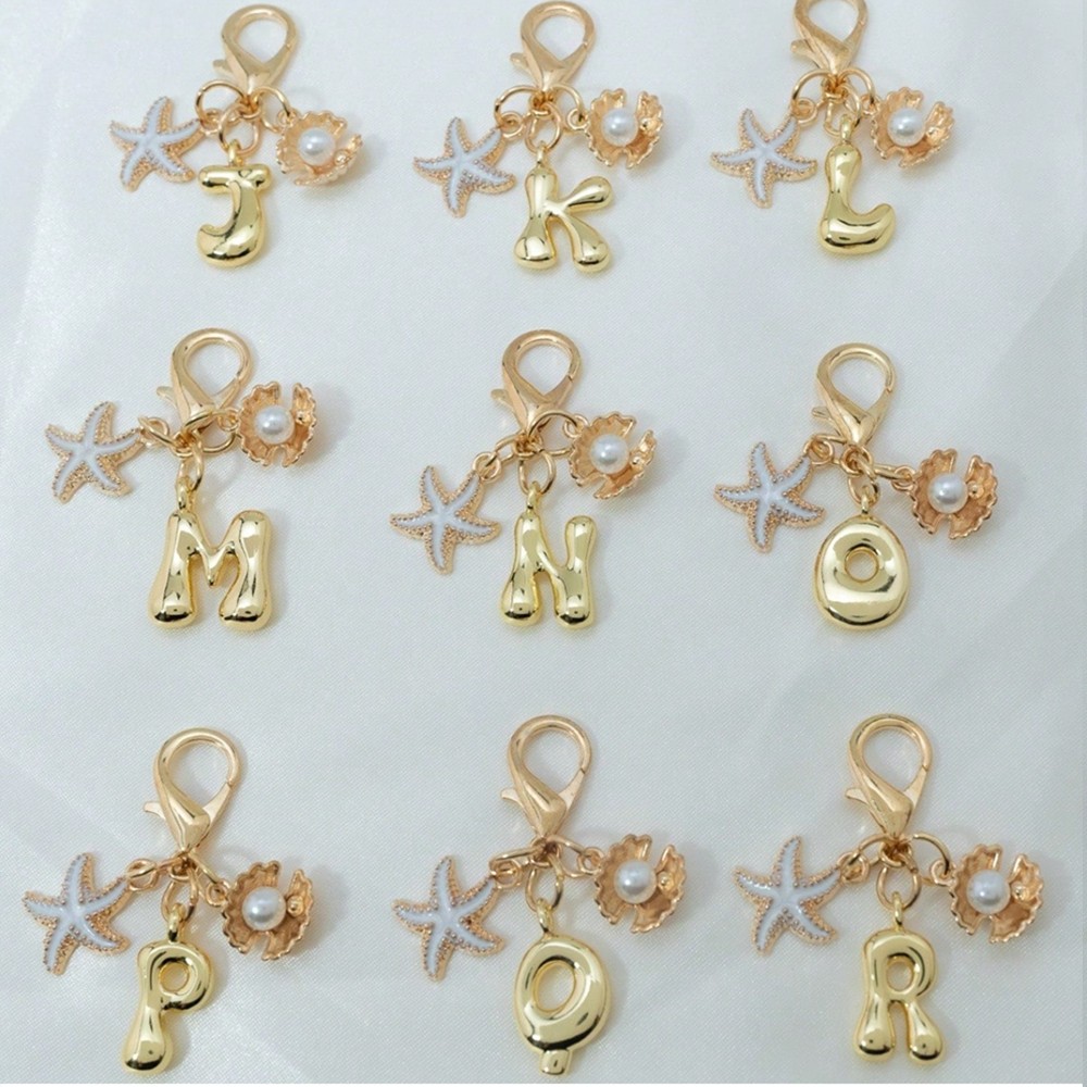 1PCS Gold A-Z Bubble Alphabet Keychain Starfish Shell Bag Charm Gift for Women