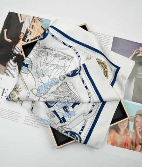 Women’s Square Scarf 27.5 in (70 Anchor & Sailboat (White / Navy Blue / Gold)