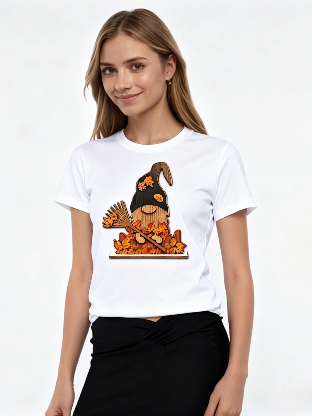 Trendy Autumn Gnome Graphic T-Shirt for Women Short Sleeve Tee Casual Daily Wear