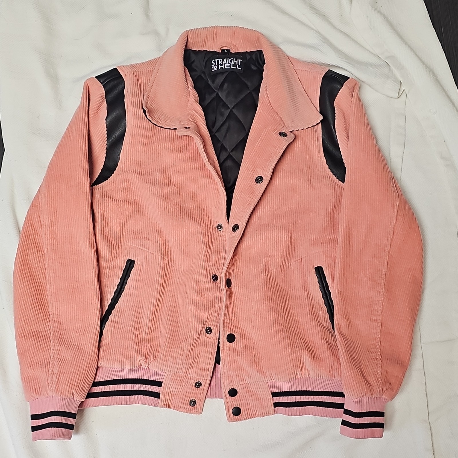 Straight To Hell Men’s Pink Bomber Jacket Snap Zip Lined Logo Zipper Size L