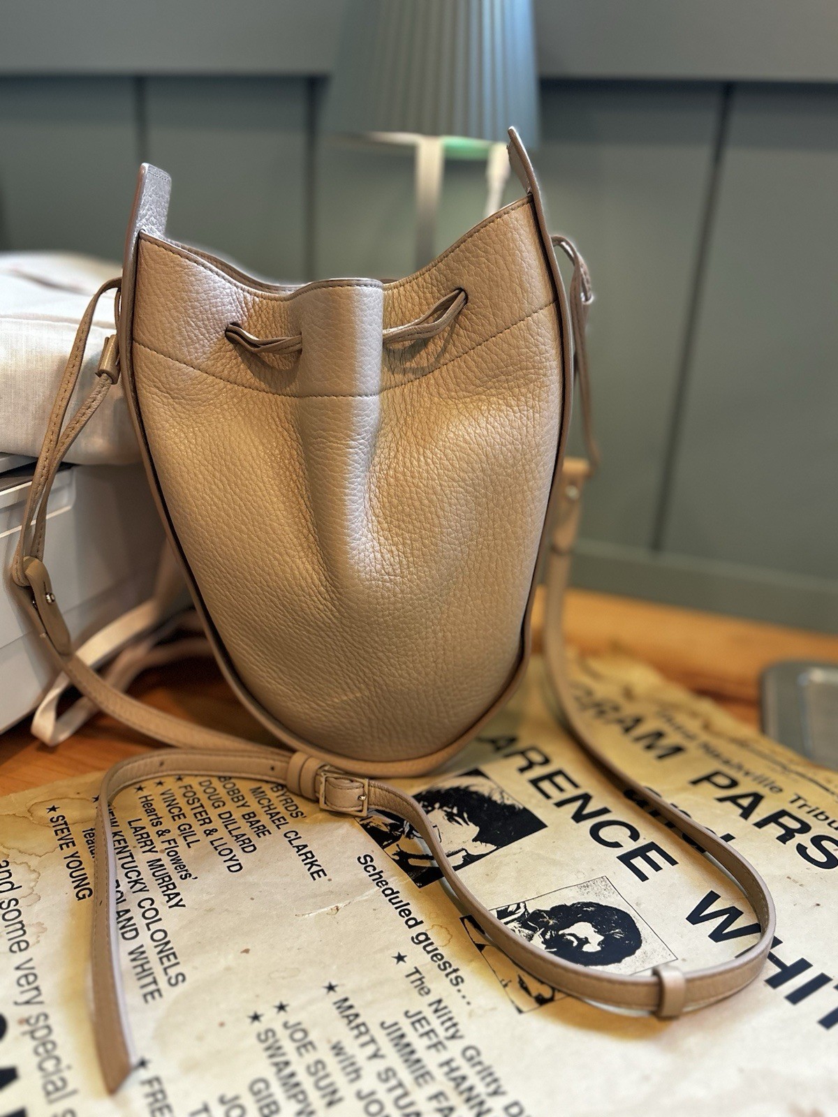 THE ROW Beige Pebbled Drawstring Bucket Crossbody Bag Gold Hardware