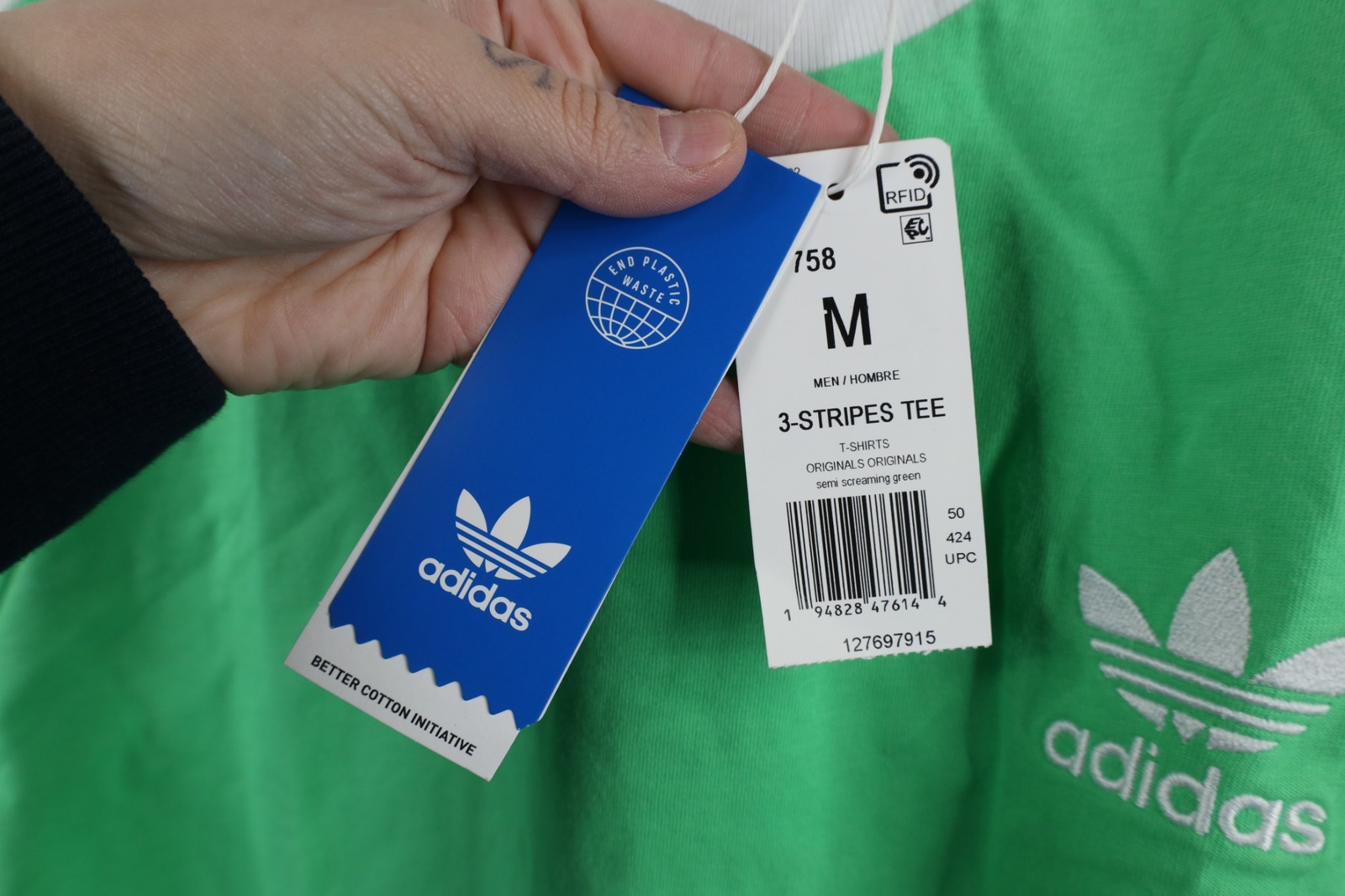 New Adidas Mens M Spell Out Trefoil Striped Short Sleeve Ringer T-Shirt Green