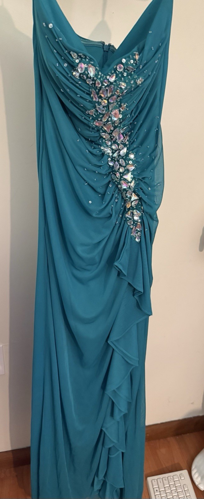 deb Women’s Teal Beaded Sequin Rhinestone V-Neck Long Gown Straps 7/8