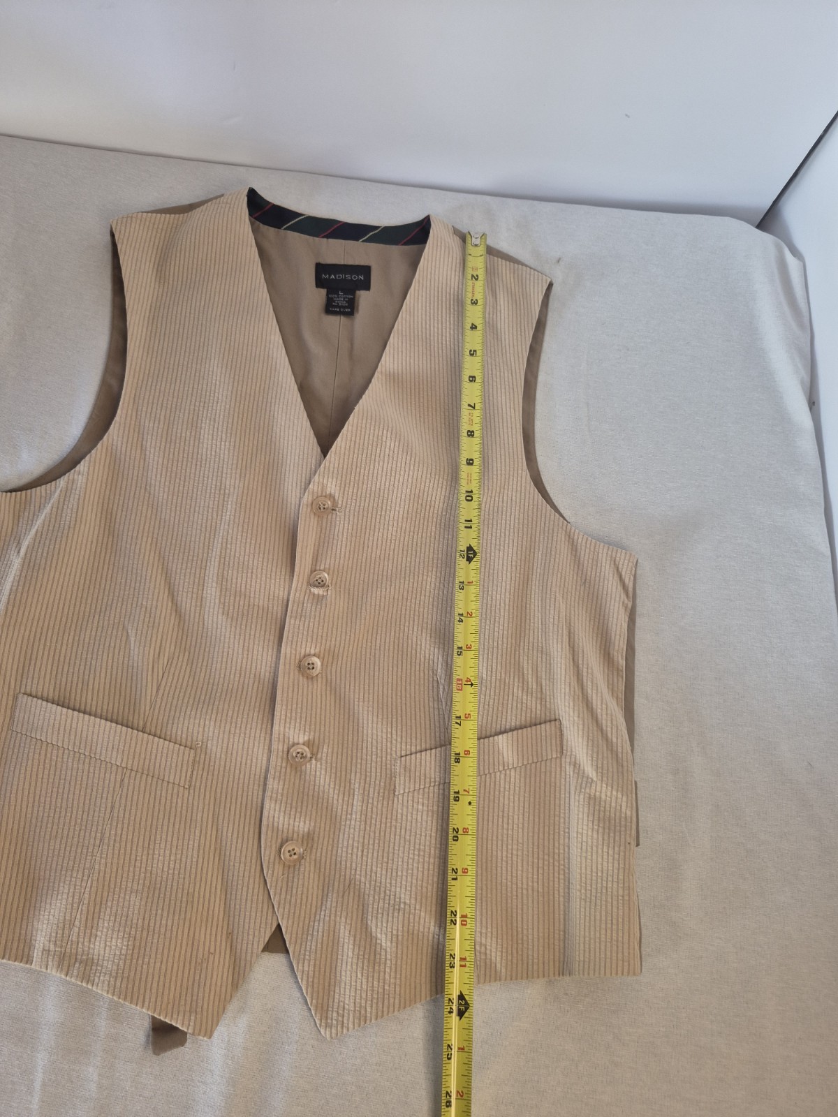 Mens Large Madison Brand Button Front Suit Vest Tan Brown Good 100% Cotton