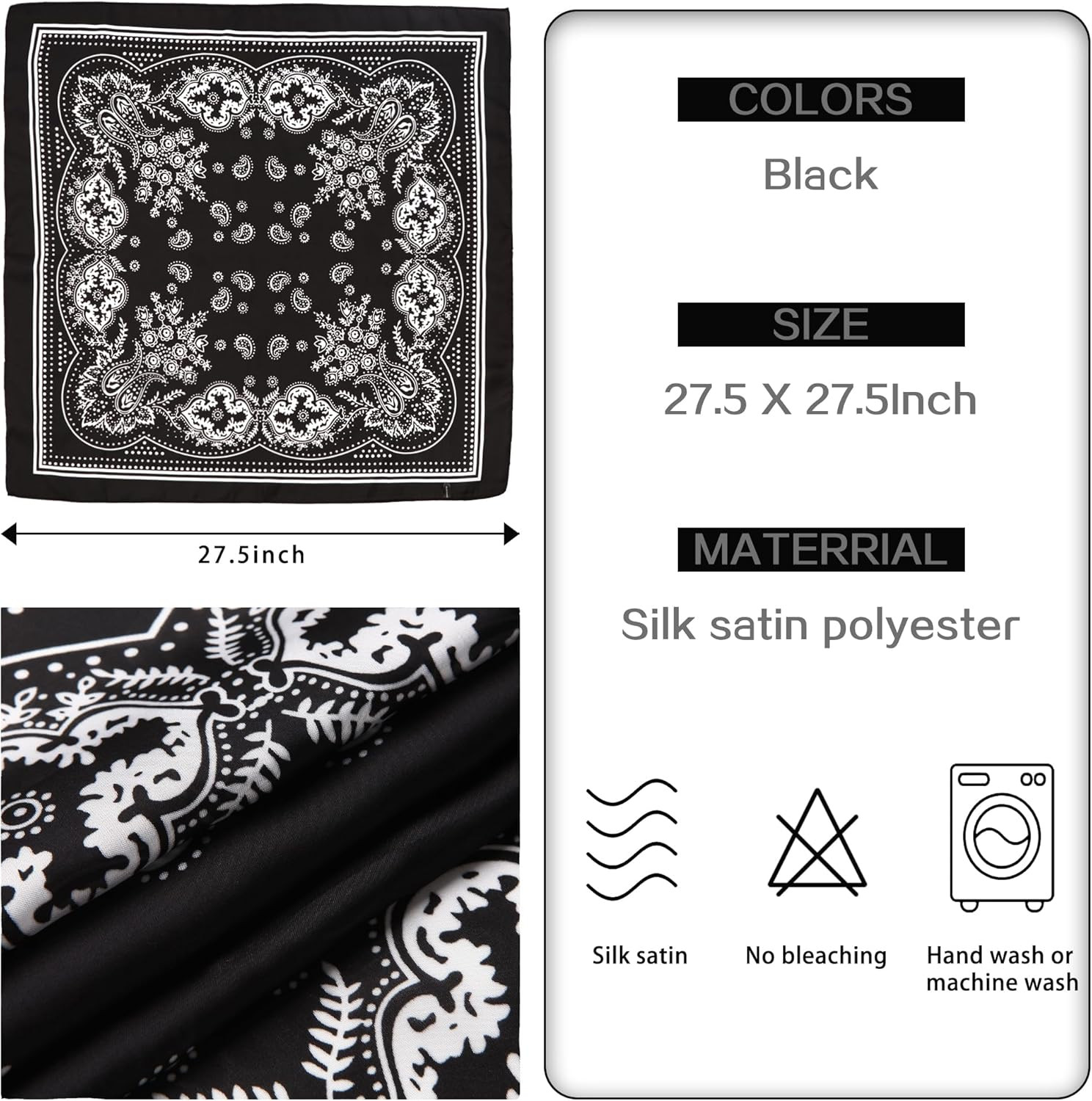 Satin Head Scarf – 27.5 Inches Silk Bandana Hair Wrap Square Scarf for Women & G