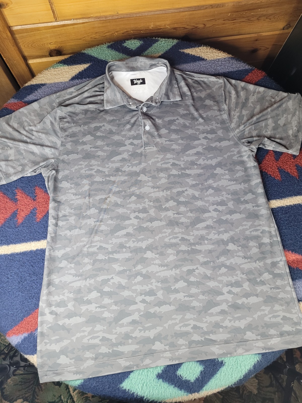Waggle Polo Shirt Mens XL Gray Fish All Over Print Golf Polyester