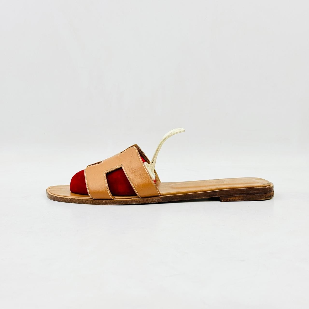 Hermes Oran H Slide Sandals Gold Tan Leather Womens EU 41 US 10.5 Italy Luxury
