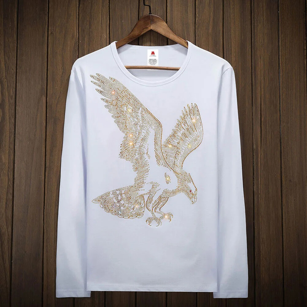 Fashion Trend Eagle Rhinestones Streetwear Long Sleeve Luxury Men V-Neck T-Shirt