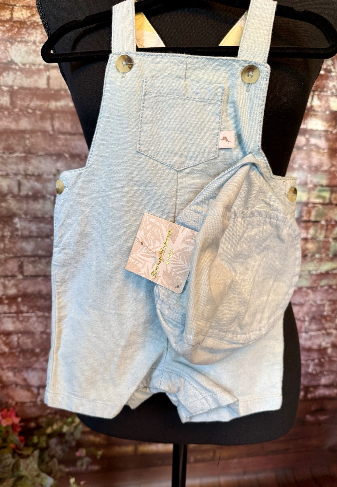 Tommy Bahama Linen Overall & Hat Set Light Blue 3-6 Months Unisex Baby