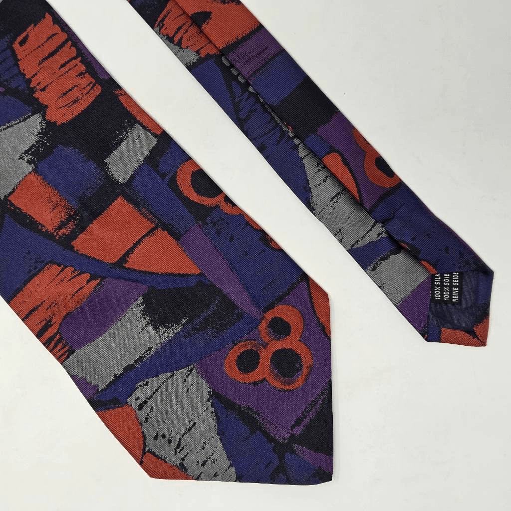 VINTAGE PACC SILK TIE RED BLUE PURPLE GRAY ABSTRACT 80’S 90’S RETRO 3.75″ X 59″