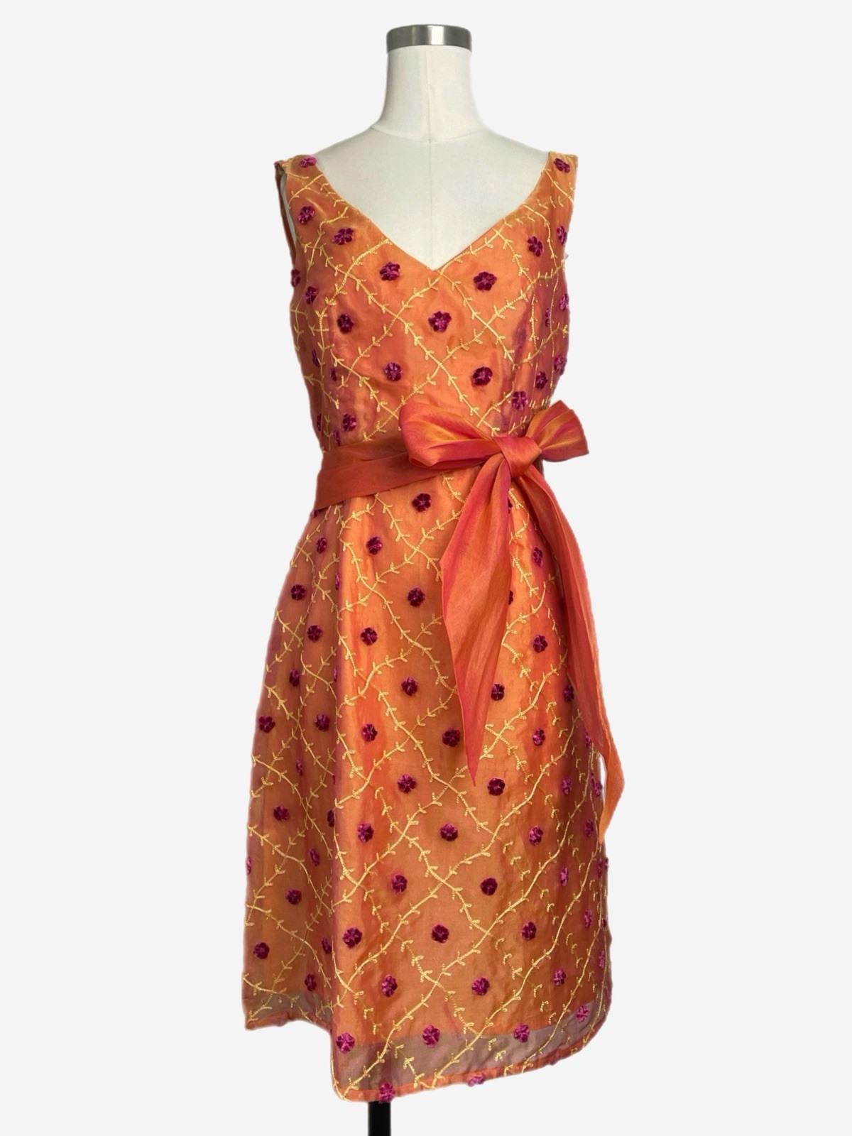 Vintage Y2K Sara Campbell Orange silk embroidered 3D floral midi dress bow 6