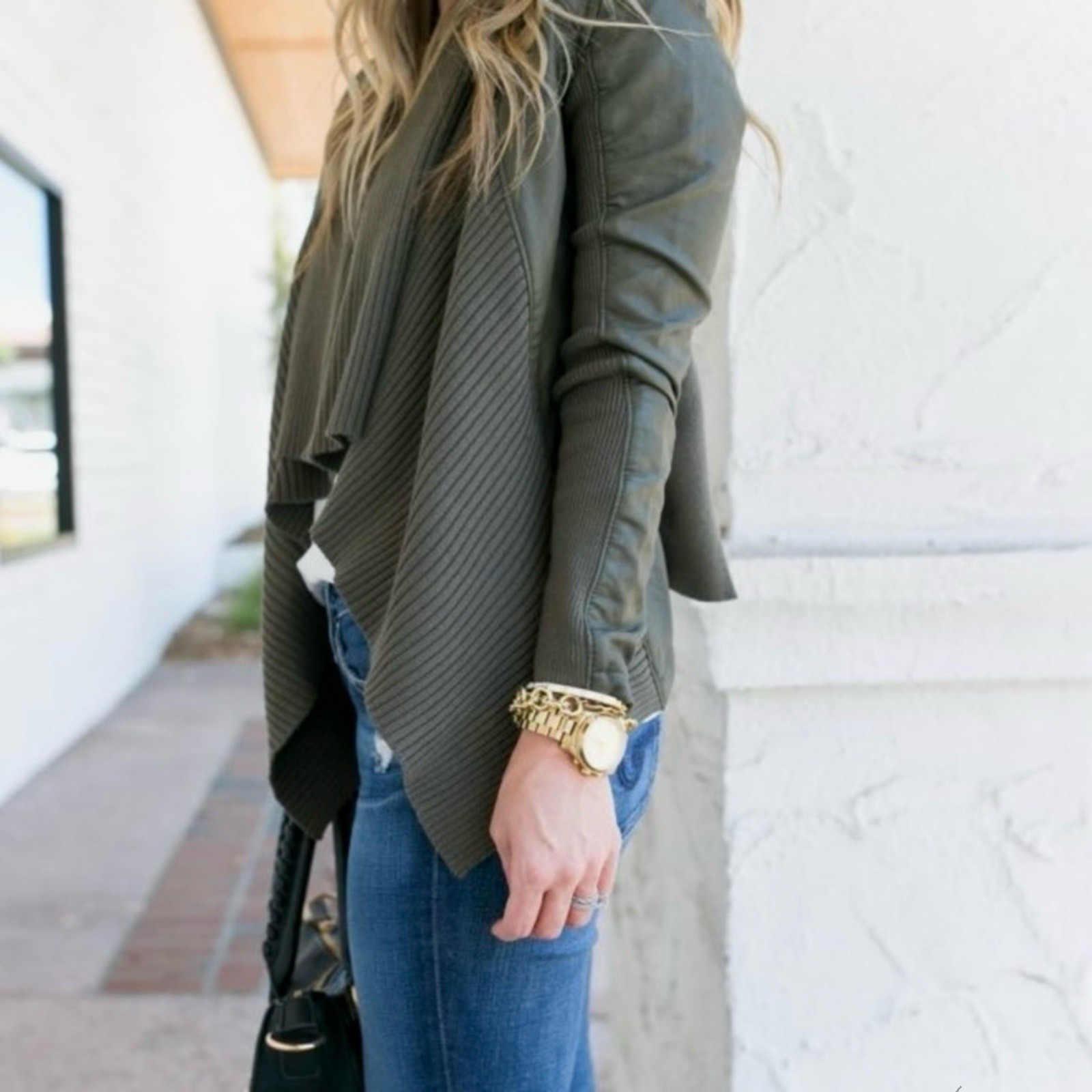 Blank NYC Moto Jacket Vegan Leather Knit Mixed Media Olive Green Sz Small