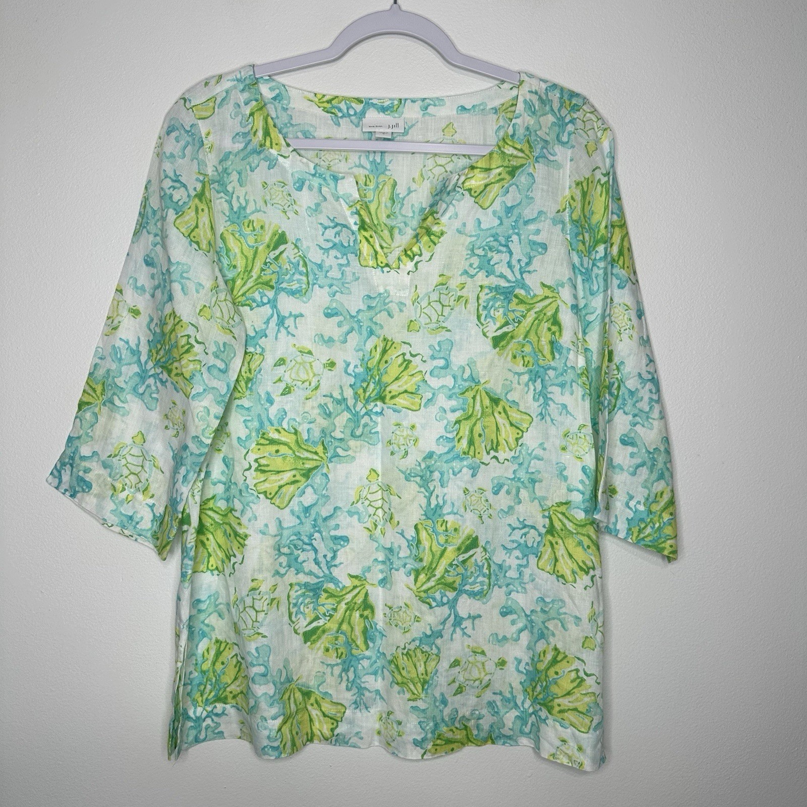 J Jill Love Linen Tunic Top Small Blue Green Sea Turtle Seaweed Reef