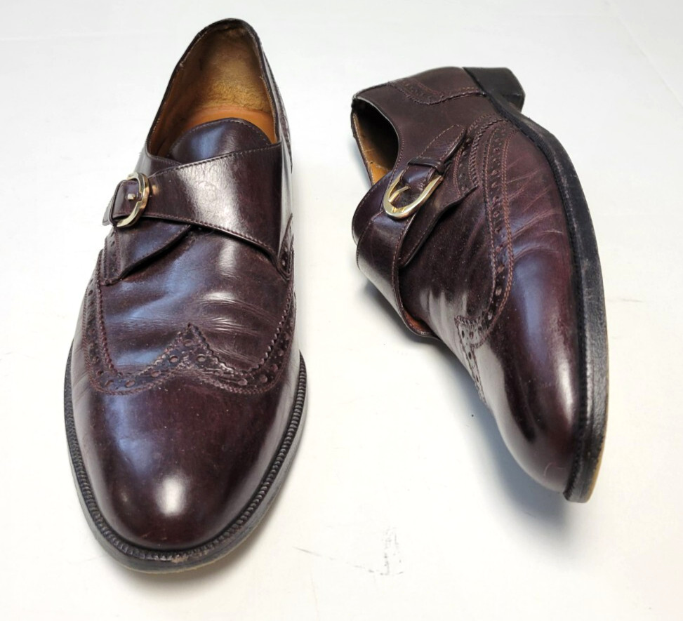SALVATORE FERRAGAMO Leather Wing Tip Monk Strap Shoes Men 11.5 Cordovan ITALY