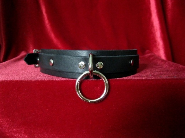 Black Leather Collar, With One Heavy Nickel Plated Ring And D Ring