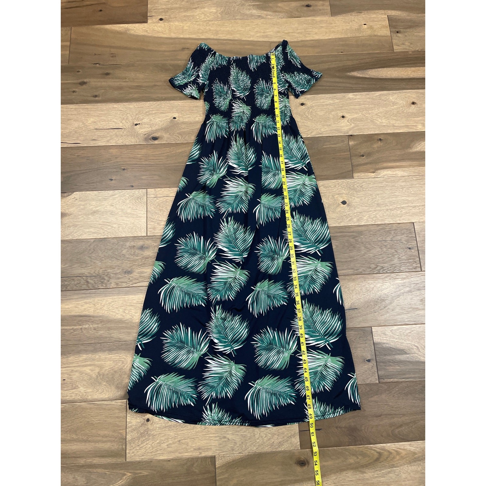 Seven Islands Size L Navy Blue Maxi Dress Green Tropical Leaf Print Short Sleeve