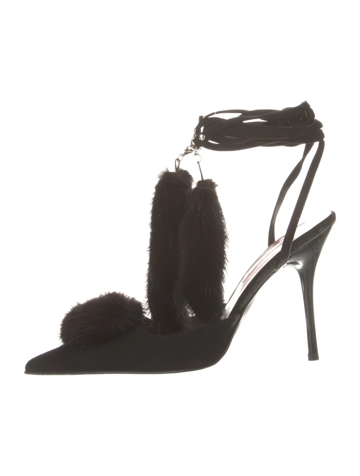 CESARE PACIOTTI Black Suede Pom-Pom Fur Tassels Sandals SZ 7.5 IT 37.5 Excellent