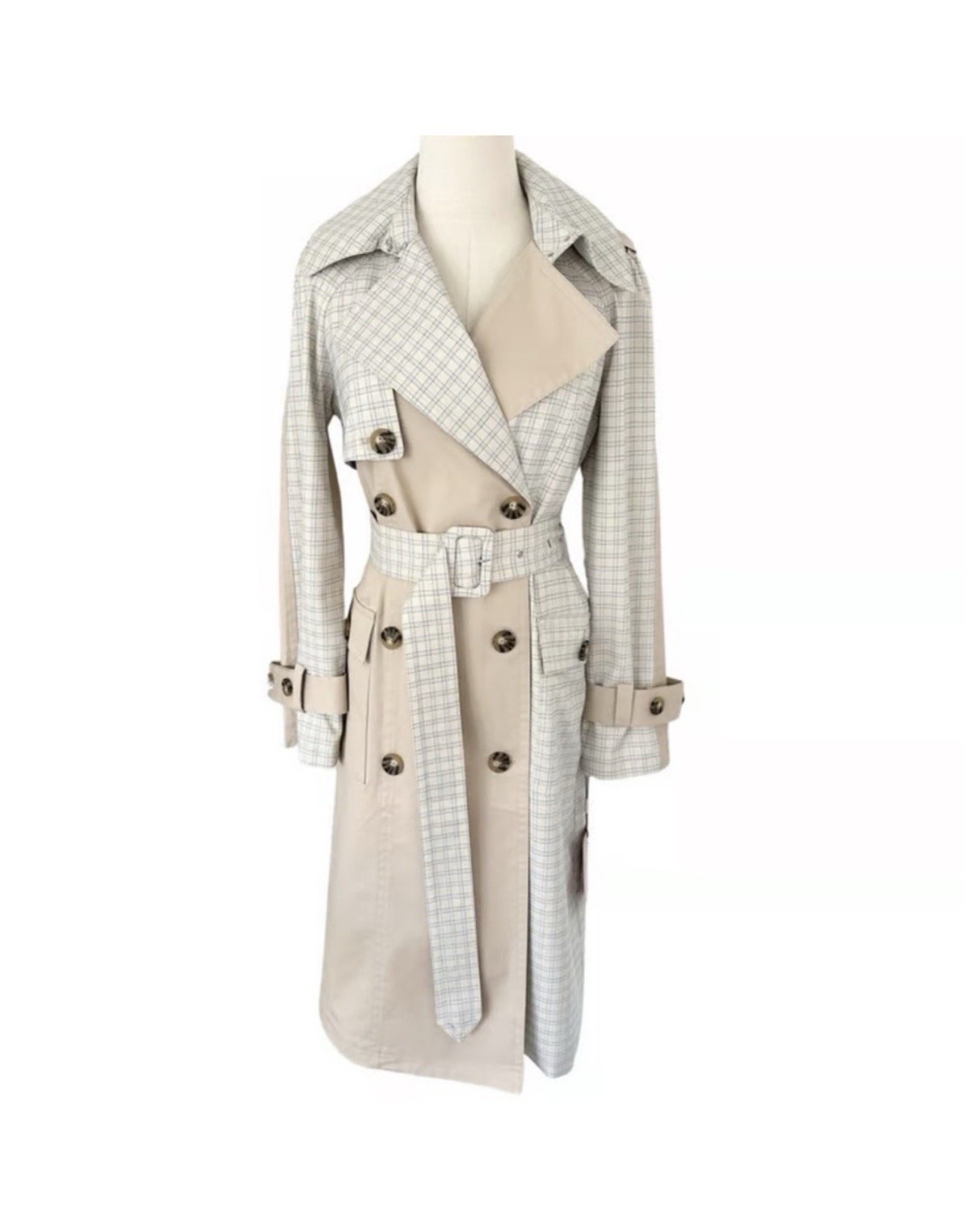 AVEC LES FILLES Women’s mixed Beige & Plaid Double Breasted Trench Coat, Large
