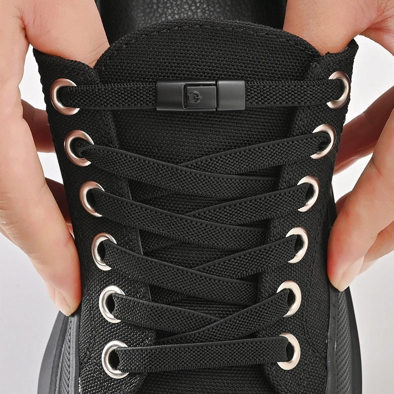 1 Pair No Tie Elastic Shoe Laces: 8mm Press Lock Flat Sneaker Shoelace – NEW