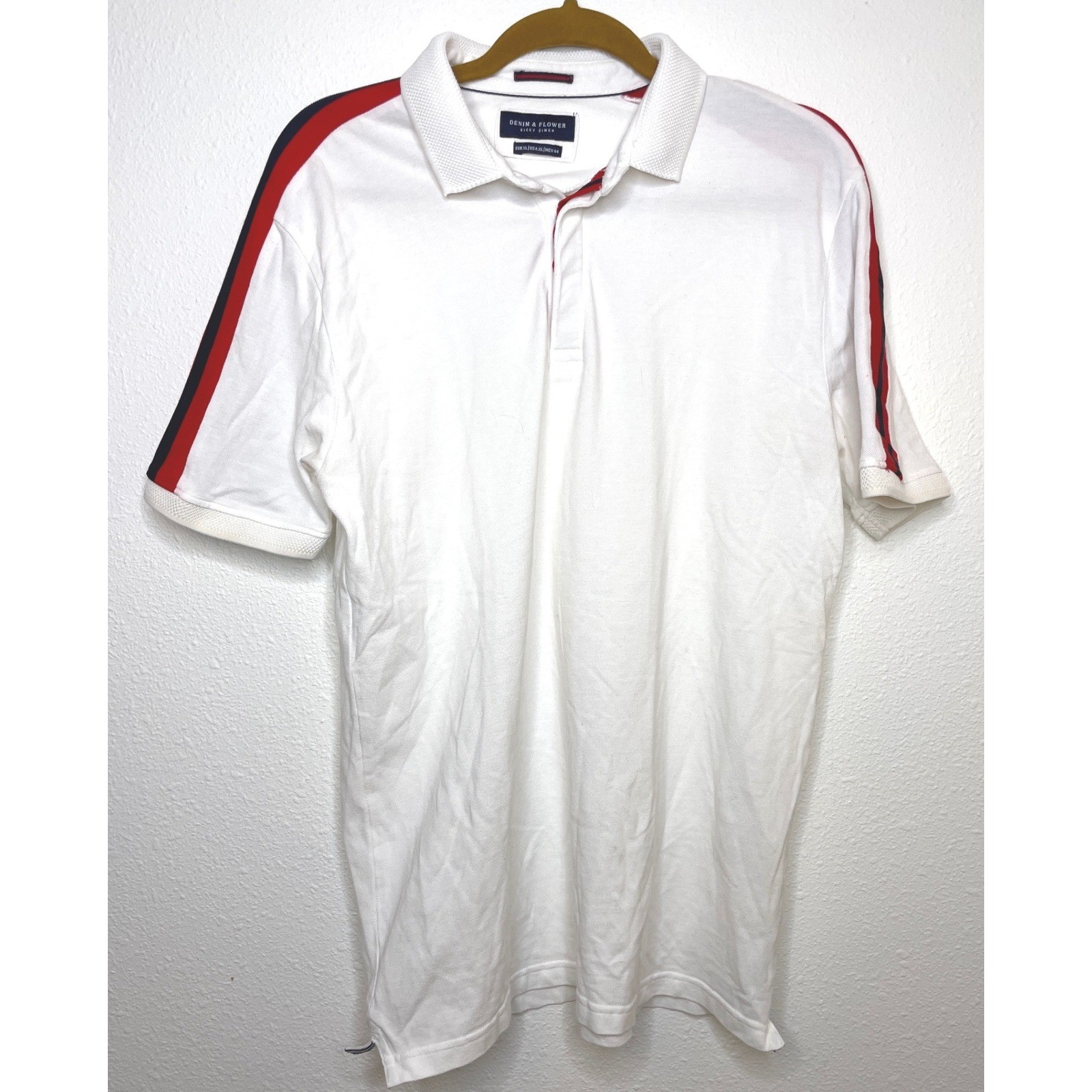 Denim & Flower Mens Polo Shirt Racing Stripe Shoulder XL White, Red, Blue