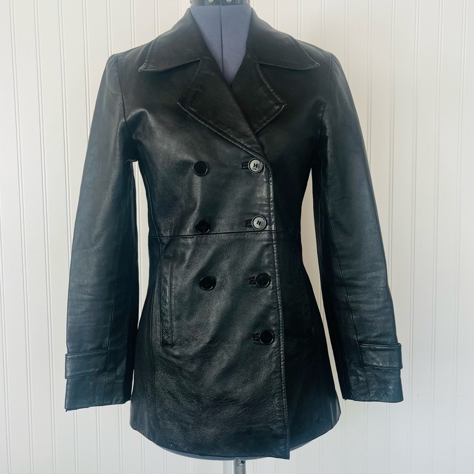 Y2k 90s Black Leather Jacket Trench Coat Double Breasted Shiny Sleek Extra Small