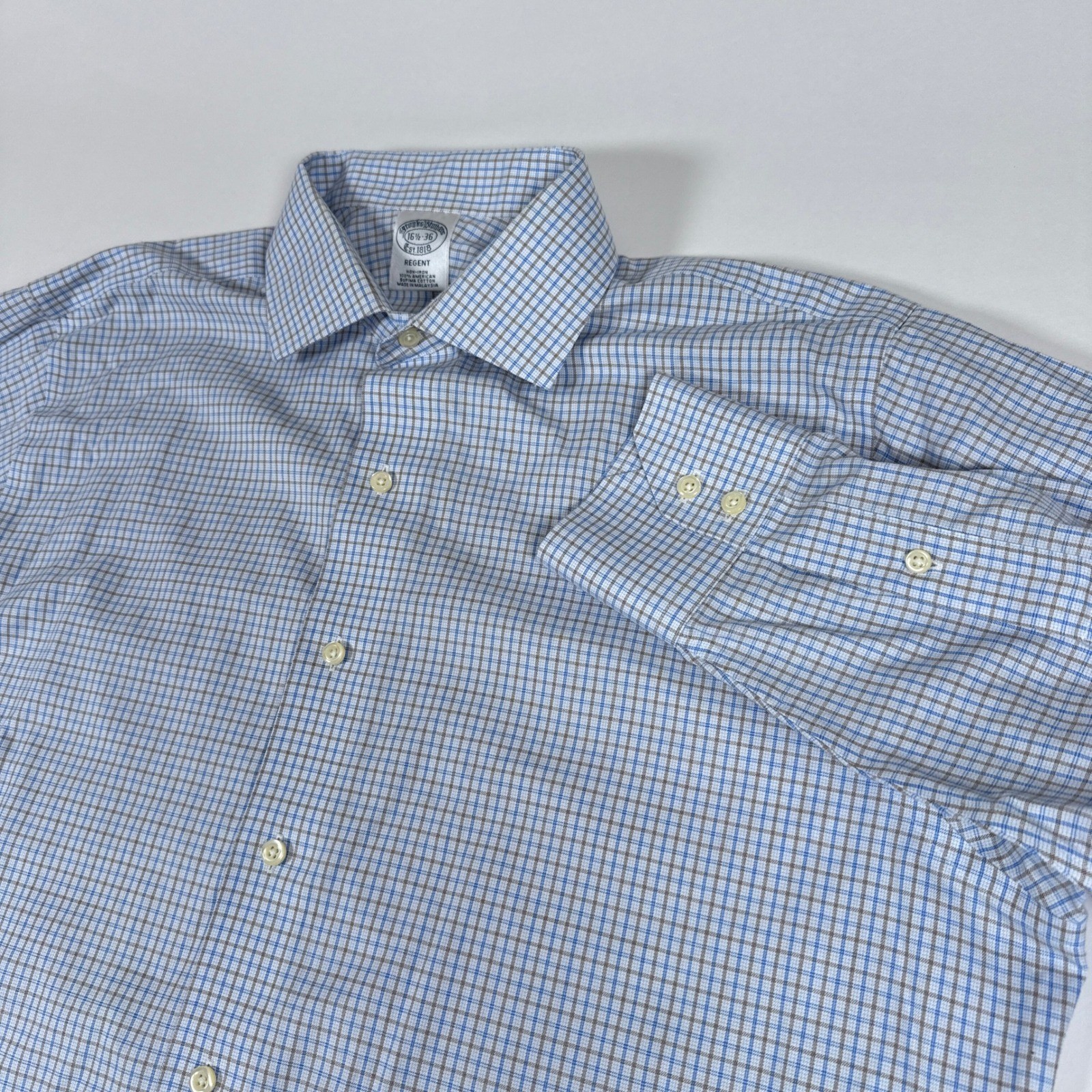 Brooks Brothers Shirt Mens 16.5 36 Blue Check Regent Non Iron Preppy Button Up