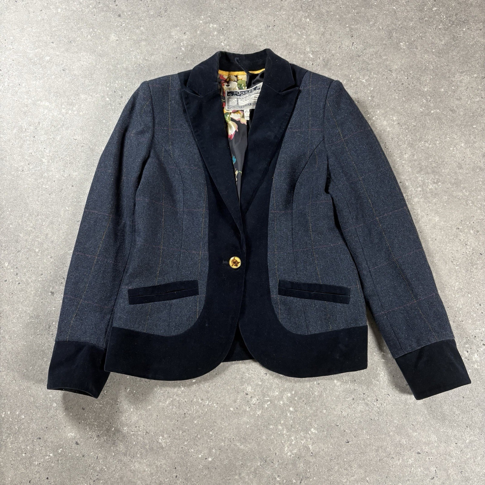 Joules Blazer UK 12 Blue Wool Tweed Jacket Windowpane Velvet Trim Hartfield