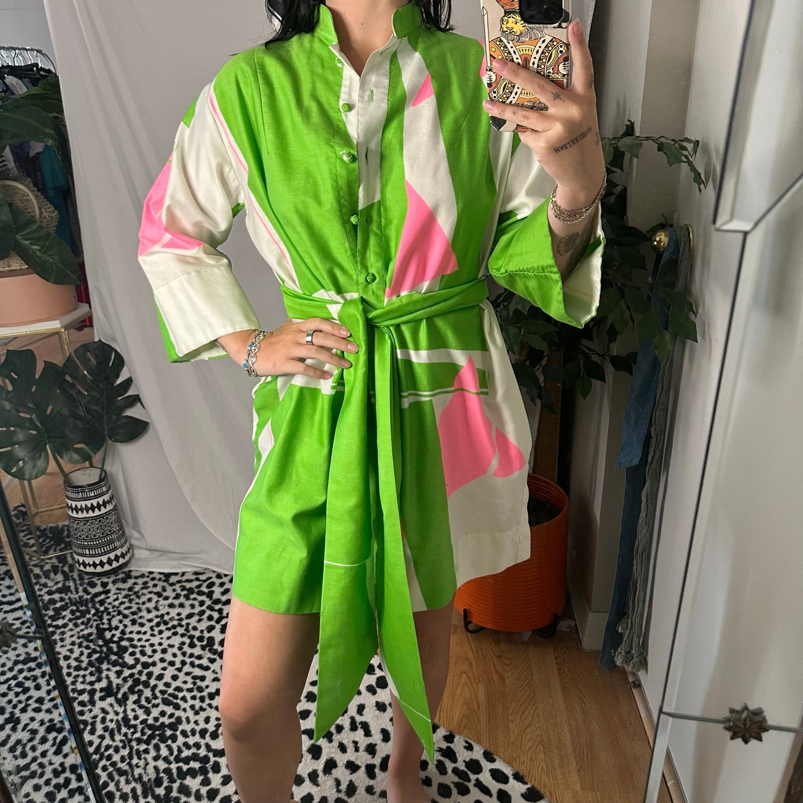 Vintage Catherine Ogust for Penthouse Gallery Mini Shirt Dress Green Pink