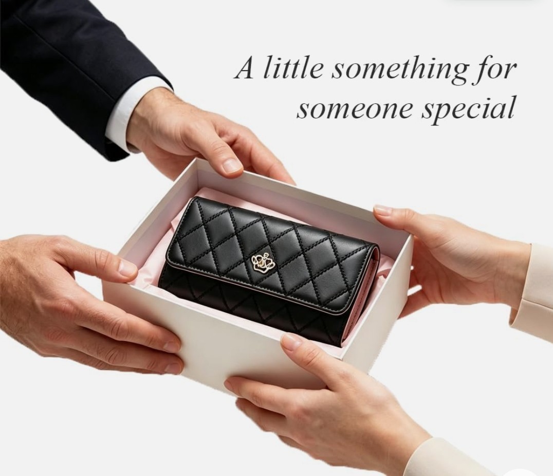 Women’s Black Quilted Wallet with Pink Interior, Metal Logo, Card Slots, Zipper