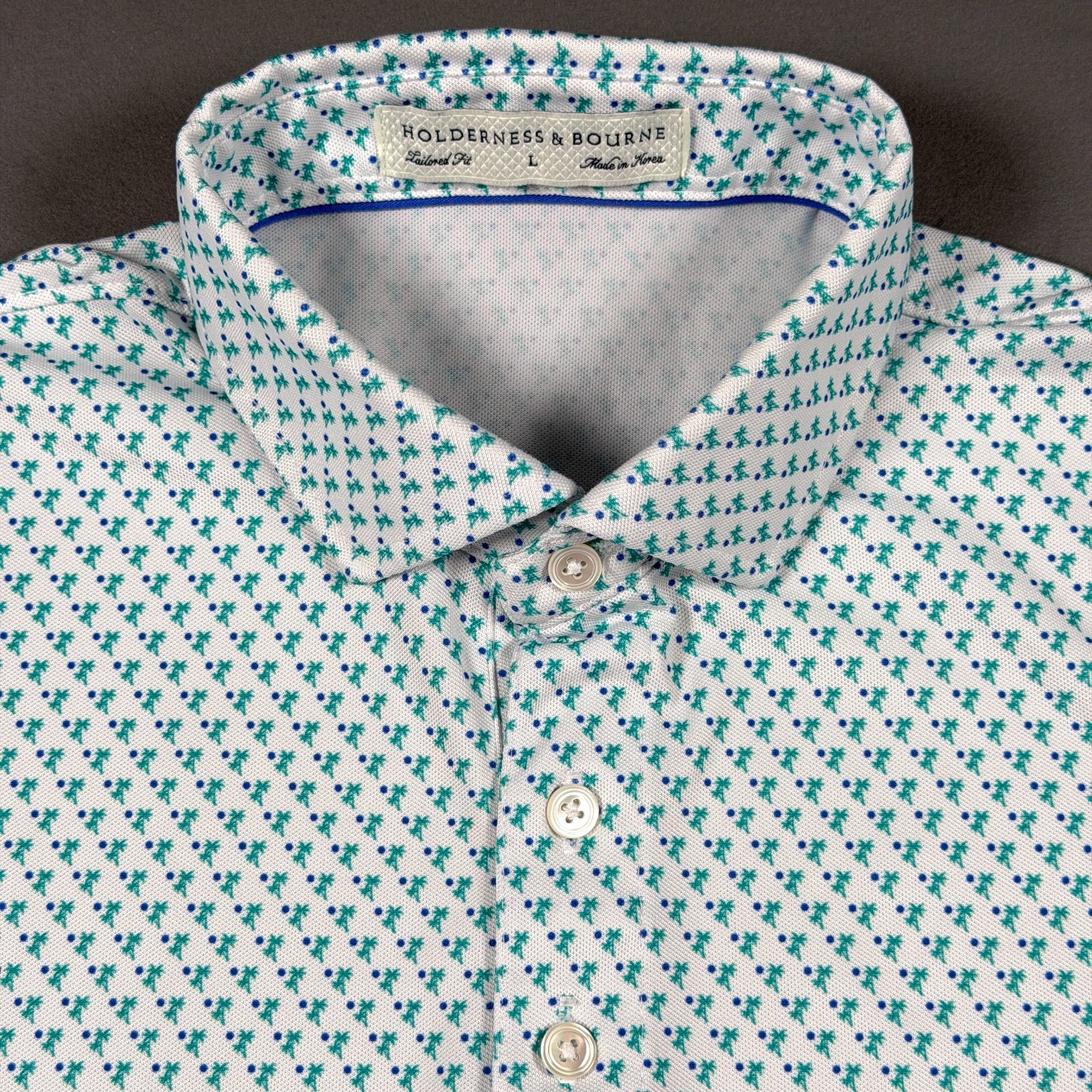 Holderness & Bourne Polo Shirt Mens L The Weaver White Green Blue Golf Stretch