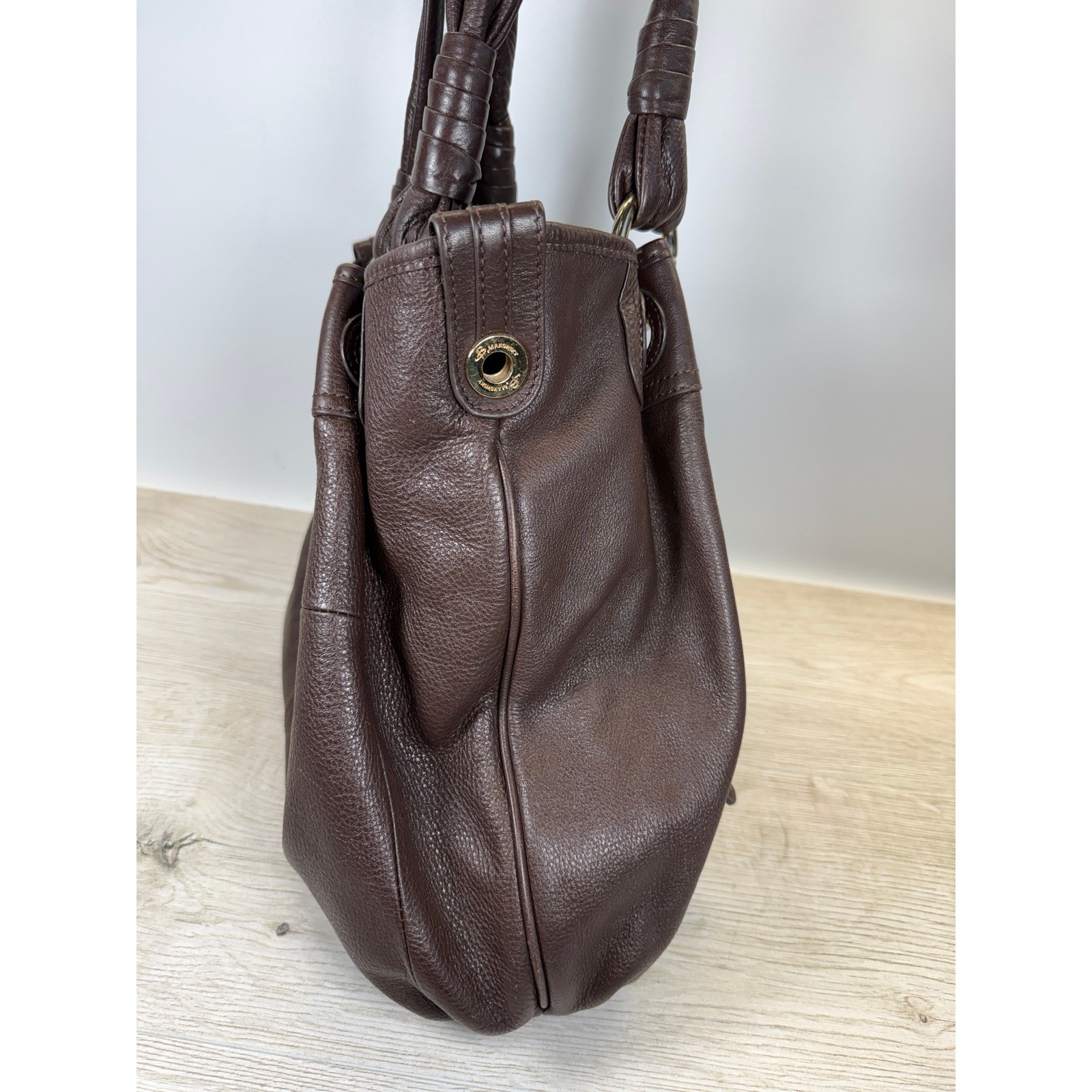 B Makowsky Women Large Shoulder Bag Brown Pebbled Leather Gold Leopard Hobo Boho