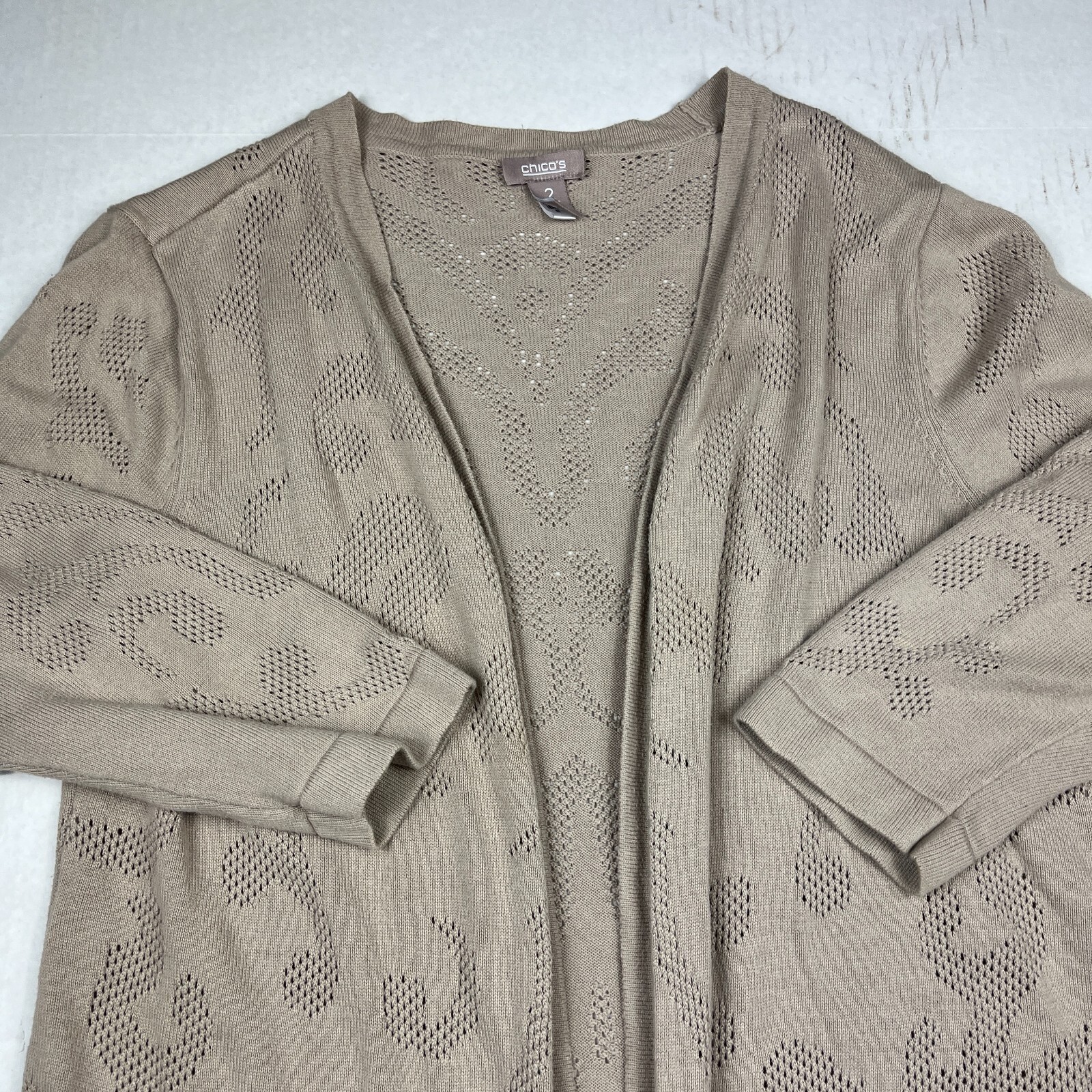 Chicos Longline Open Front Cardigan Tan Tonal Jacquard Layering Knit Sweater 2 L