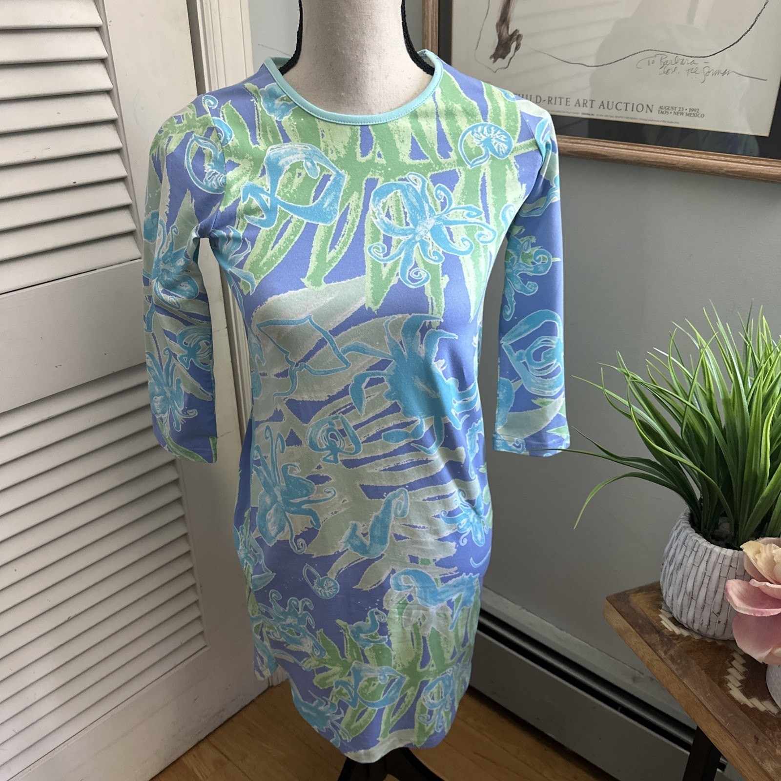 Ana Clare Dress XS Blue Mini Tropical Sea Life Print Shift Preppy Coastal Resort