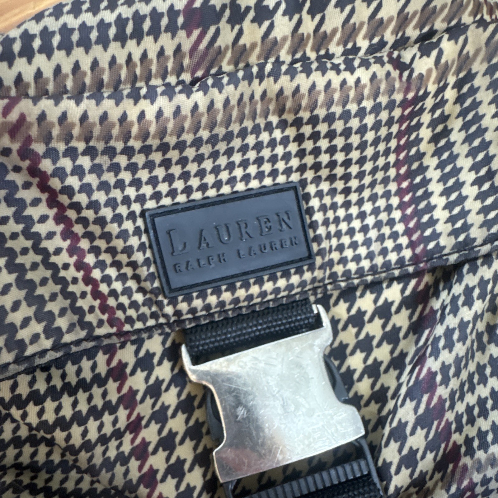 Lauren Ralph Lauren Houndstooth Shoulder Bag Zip Buckle Adjustable Strap Silver