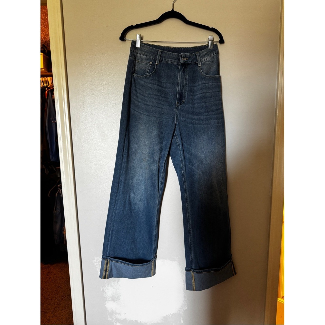 HALARA Dark Blue Wide-Leg Jeans with Cuffed Hem
