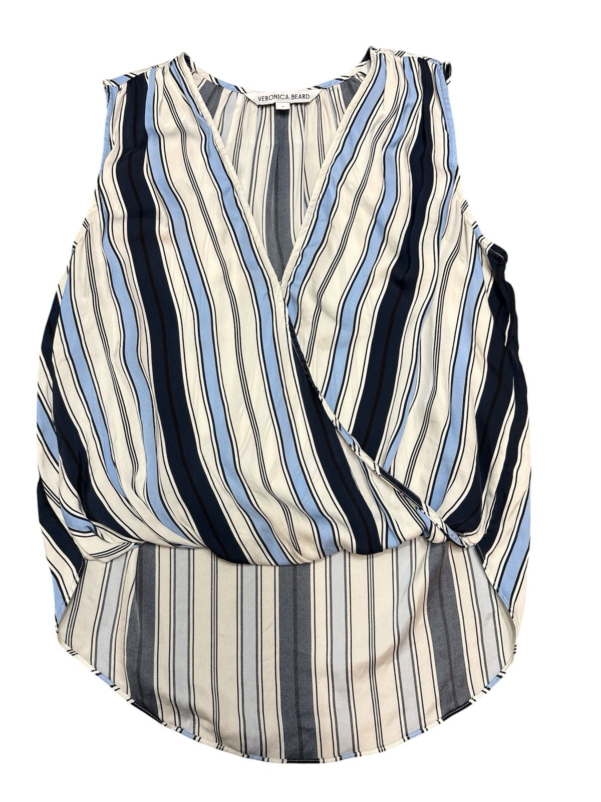 Veronica Beard Rahi Blue Stripe Quiet Luxury Silk Blend Sleeveless Designer Top