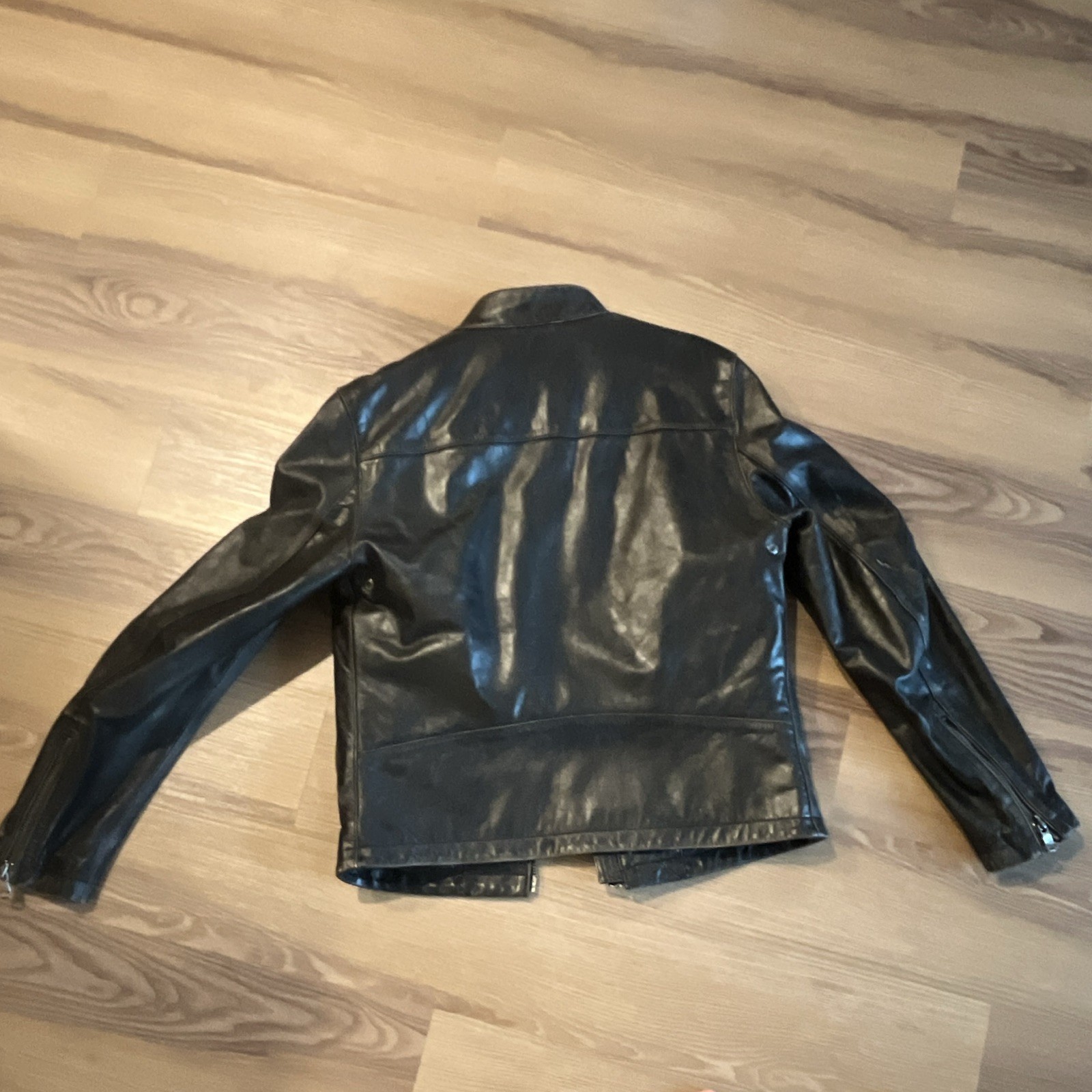 BR Men’s Black Leather Biker Jacket Full Zip Zipped Pockets Plaid Lined S