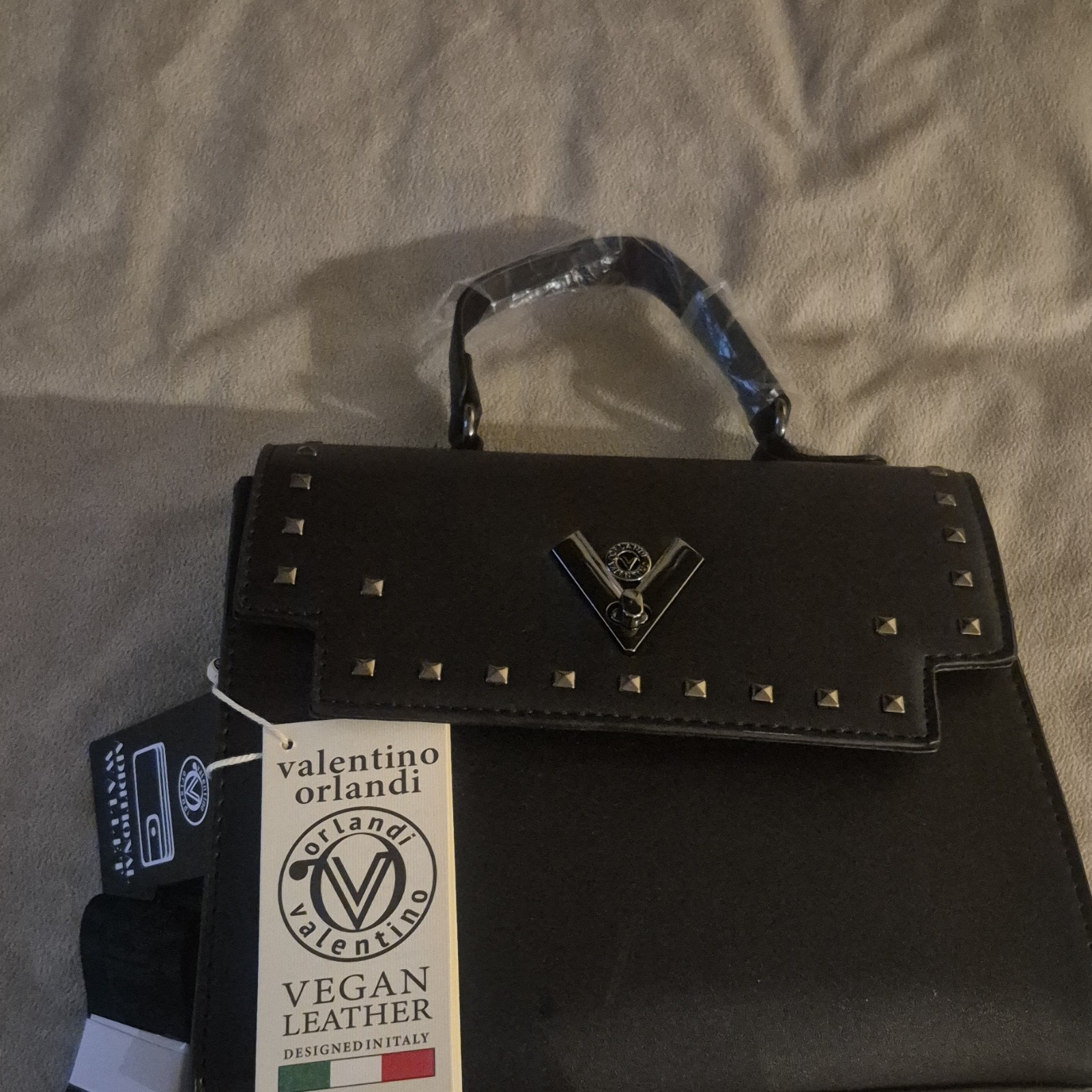 Valentino Orlandi Black Studded Logo Top Handle Satchel, Detachable Strap