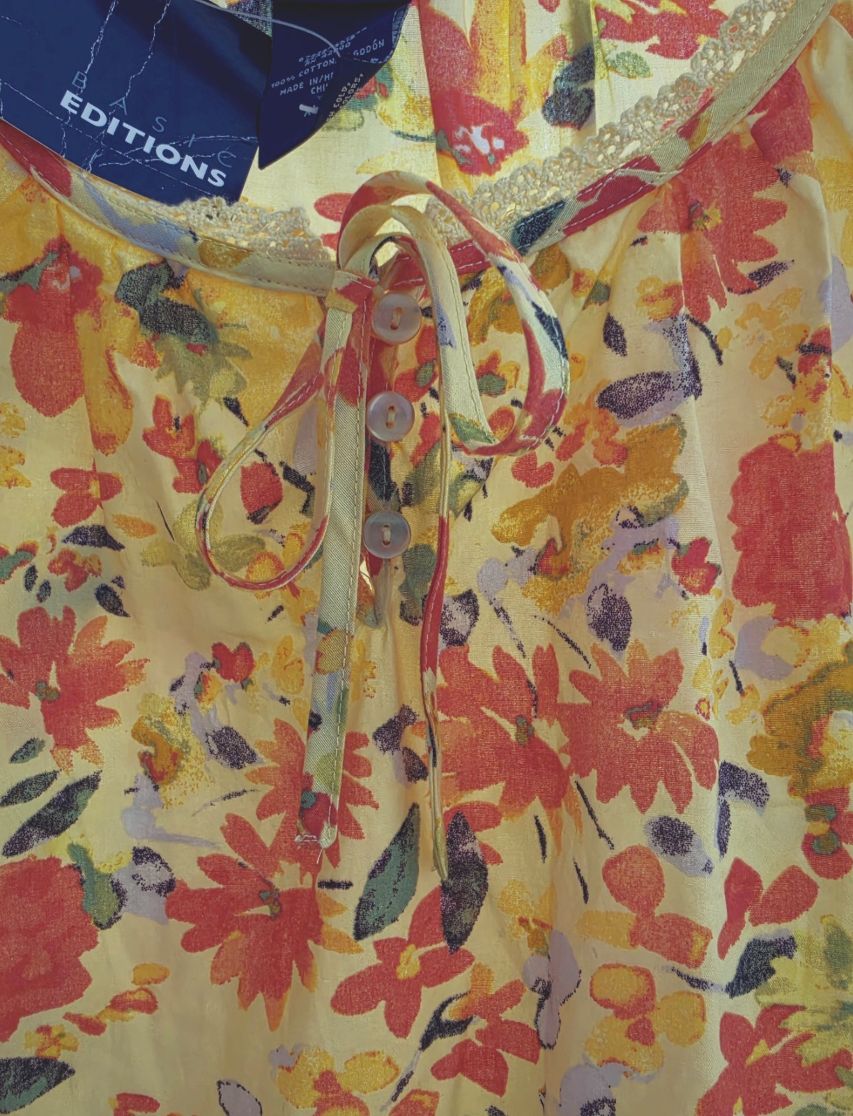 NWT Basic Editions yellow/orange cotton short-sleeve floral blouse (XL) lace nec