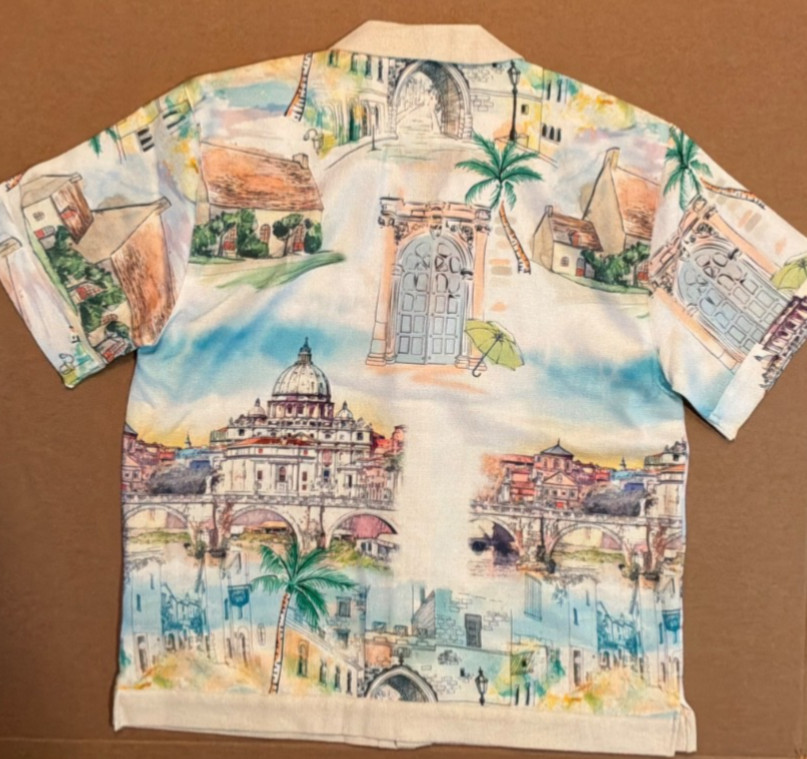 NWT $68 Malibu by Drill Clothing Textured Fabric Linen Look Cityscape Shirt sz L