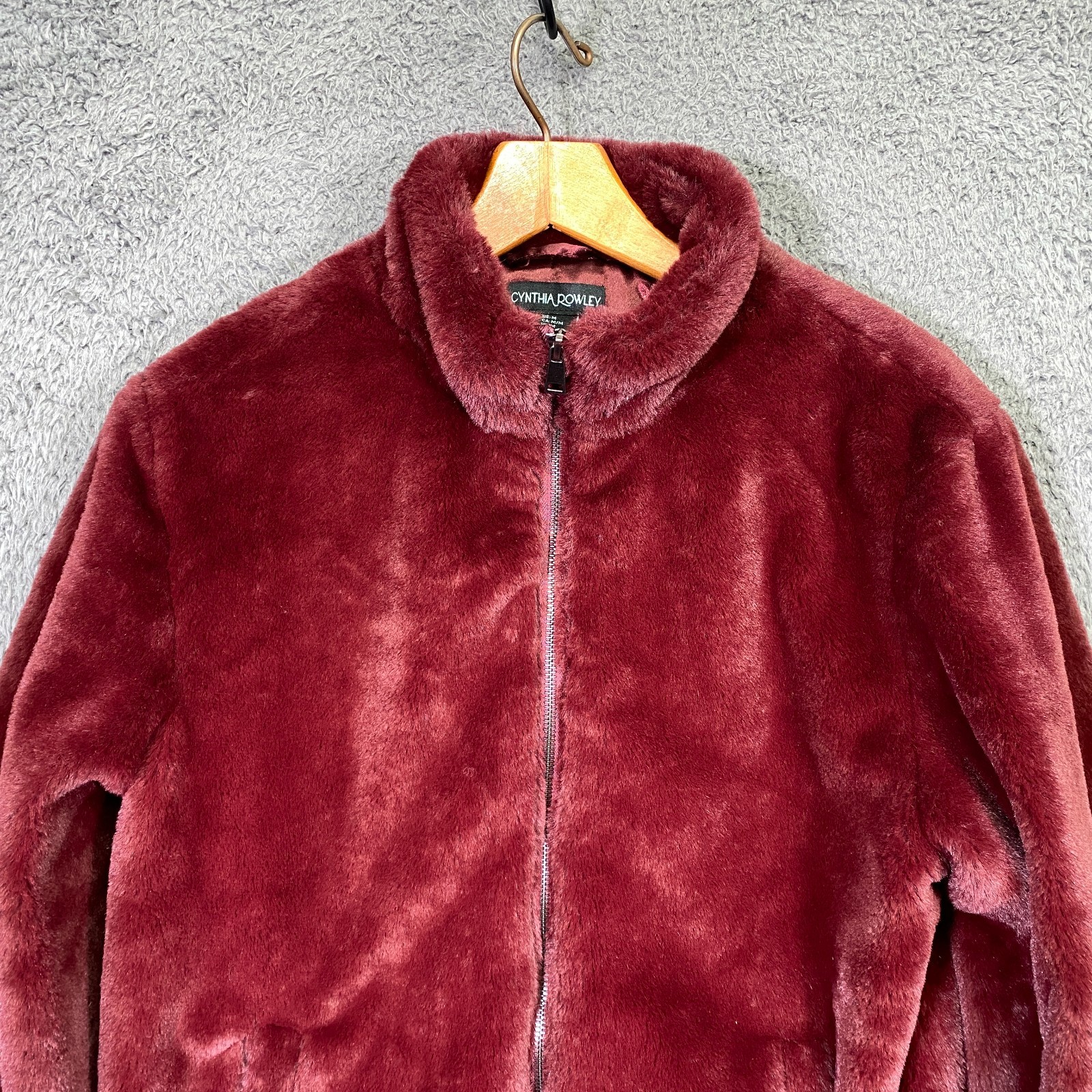 Cynthia Rowley Jacket Bomber M Faux Fur Burgundy Mob Wife Glam Aesthetic