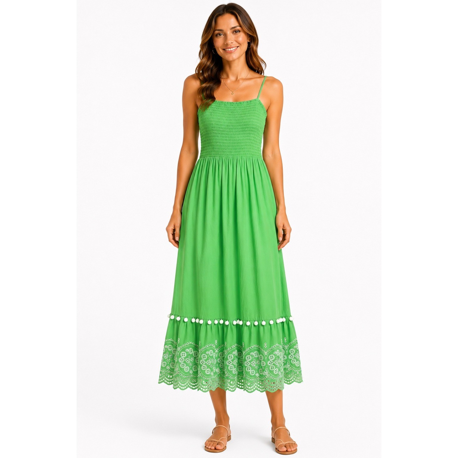 Lilly Pulitzer Green Cotton Eyelet Smocked Midi Dress Pom Pom Scallop Hem XXS