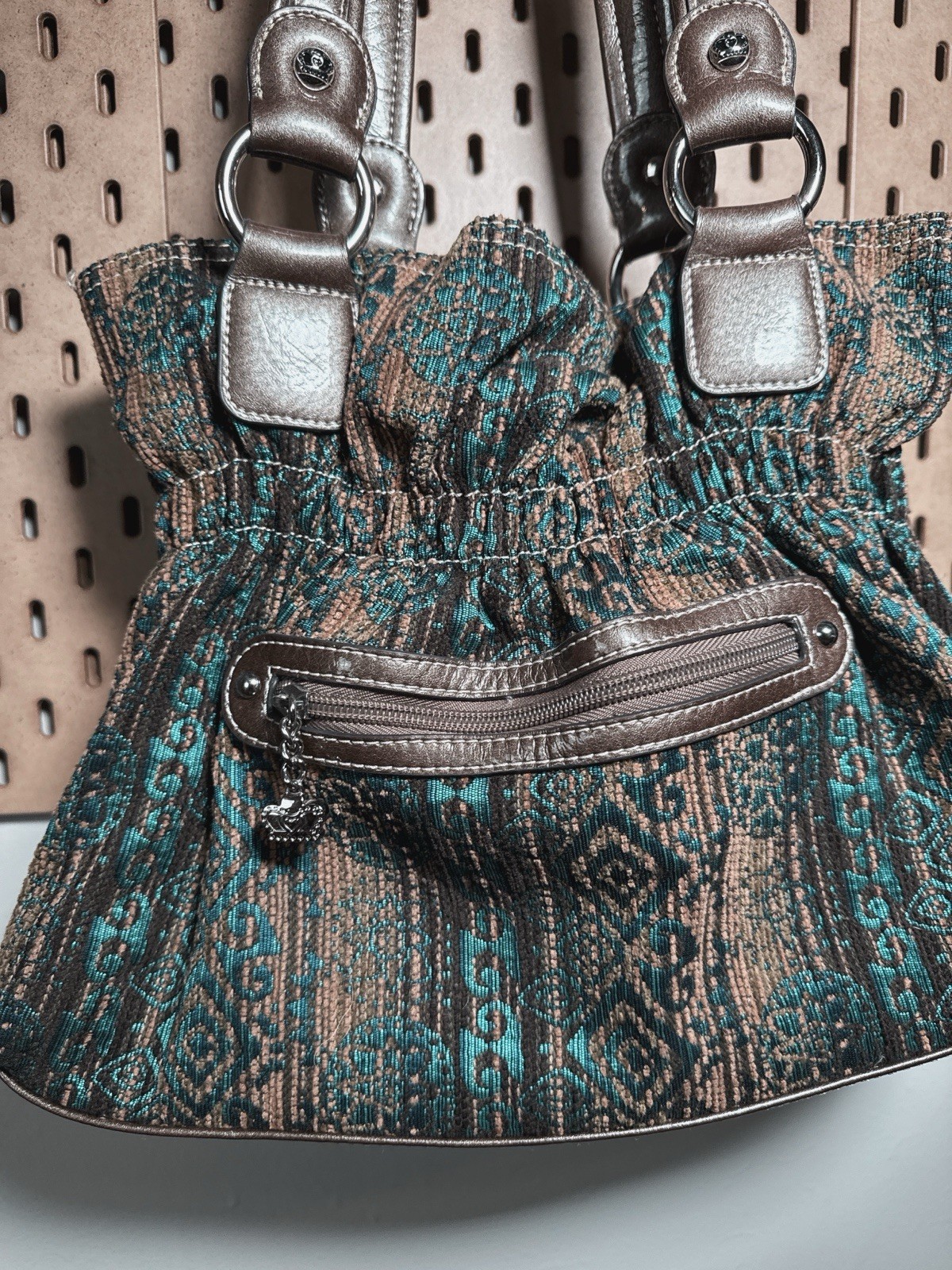 Brown Teal Geometric Shoulder Bag Zip Top Silver Hardware Lined Inner Pockets