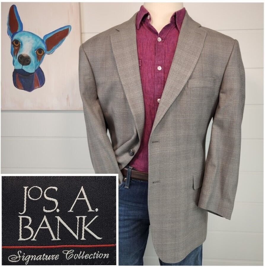 Jos A Bank Mens Two Button Blazer Signature Coll Grey Glen Check Silk Blend 46R