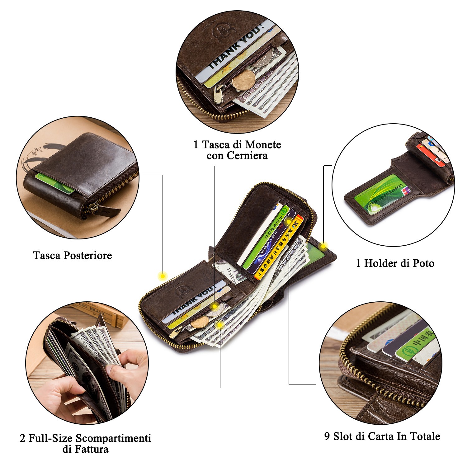 Retro Men Wallet Genuine Leather RFID Blocking Bifold with Zipper Coin Pocket