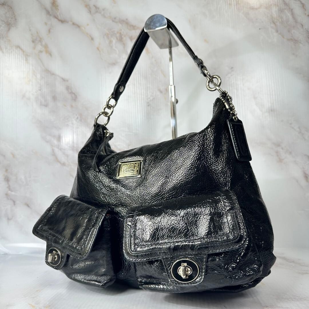 COACH Shoulder Bag Poppy Patent Black Authentic From Japan