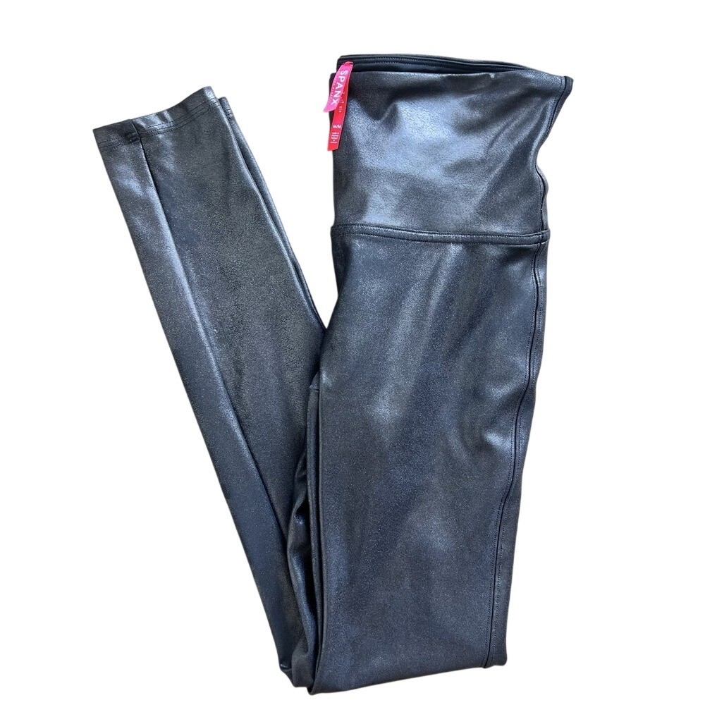 Spanx Faux Leather Leggings Sz Medium Black Shiny Shaping Nylon Pants