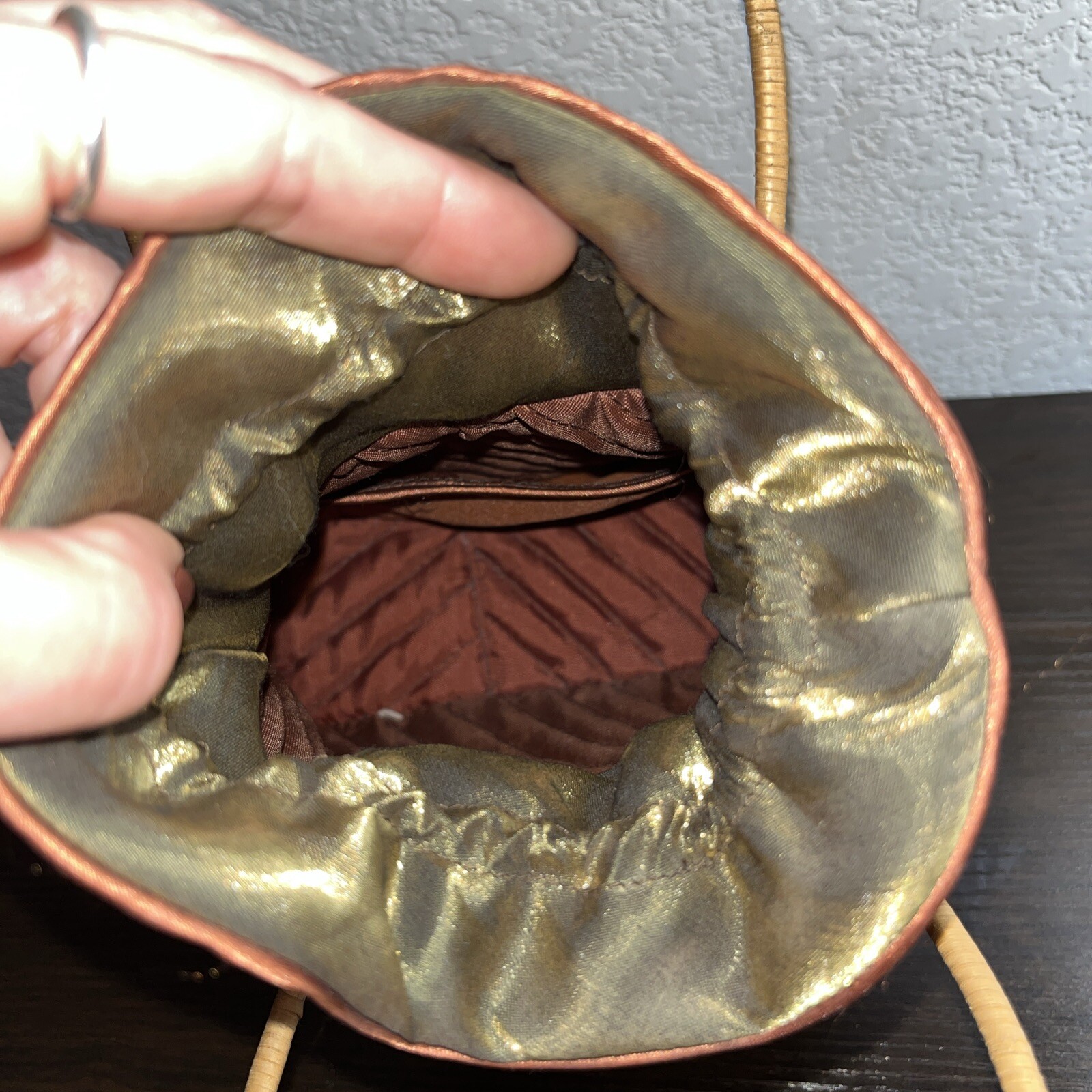 Bamboo Wicker Woven Handbag Purse Drawstring Top Fabric Lining Beautiful Colors