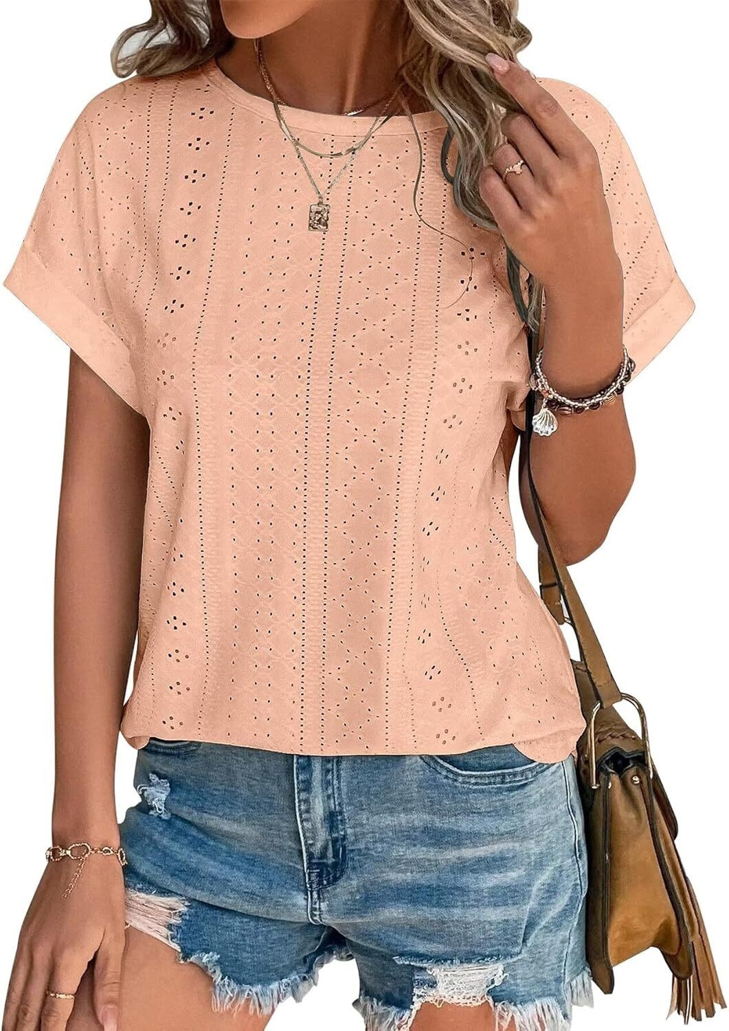 Womens Eyelet Embroidery Top Short Sleeve Curved Hem Loose Fit Summer T Shirt