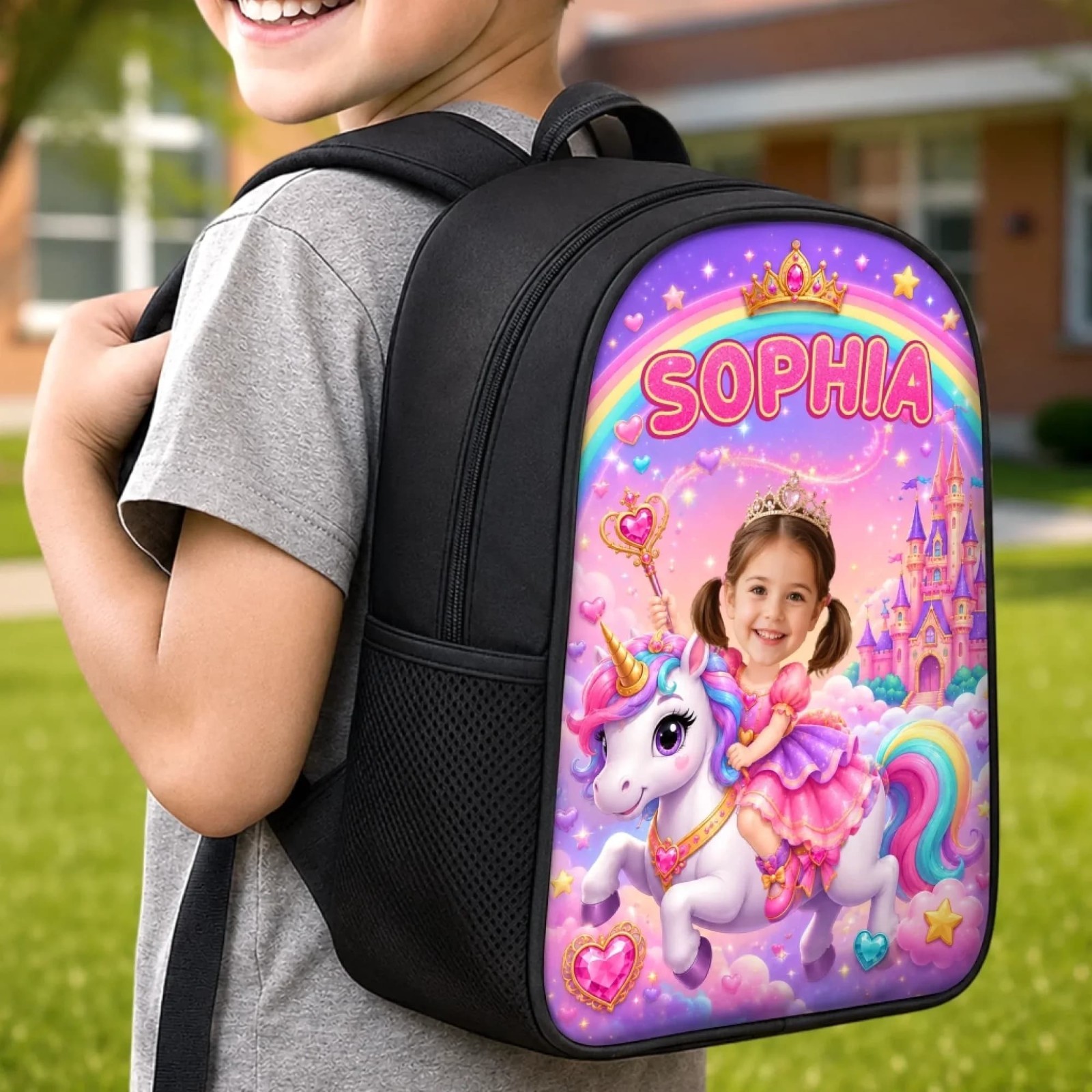 Personalized Unicorn Kids Backpack, Custom Photo School Bag with Name for Girls